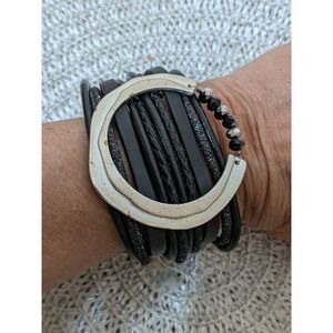 Boho Multi Strand Leather Bracelet Silver‎ Tone Moon Accent Black Beaded Wrap
